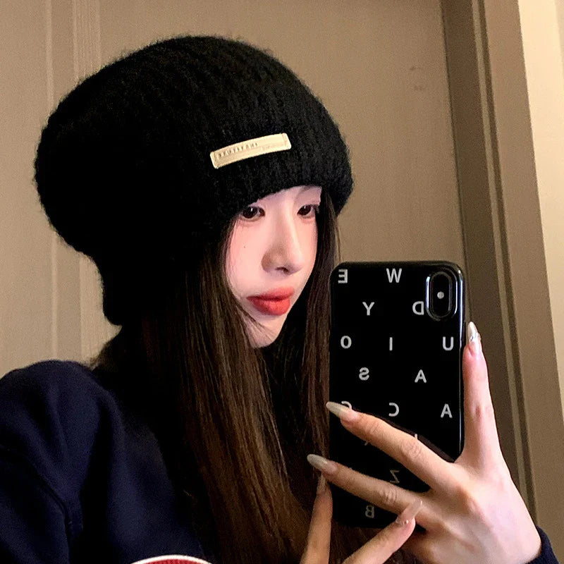 maoxiangshop  -  Knitted Heap Heap Beanie Hat for Women Solid Leather Label Pullover Cap Winter Thickened Warm Woolen Hats Outdoor Cycling Bonnet