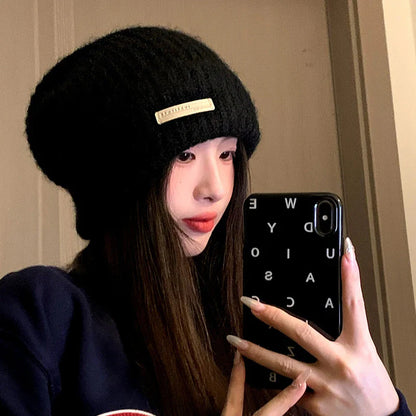 maoxiangshop  -  Knitted Heap Heap Beanie Hat for Women Solid Leather Label Pullover Cap Winter Thickened Warm Woolen Hats Outdoor Cycling Bonnet