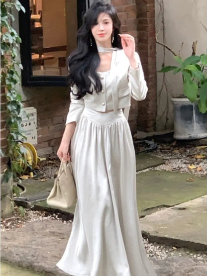 maoxiangshop Vintage Women Solid Dress Suits Long Sleeve Blazer Short Coat Fashion New Stain Elegant Lady A-line Skirts Korean Female Clothes