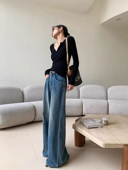maoxiangshop  -  Blue Washed Casual Jeans Women'S Autumn And Winter New Straight Leg Loose Wide Leg Pants Long Pants