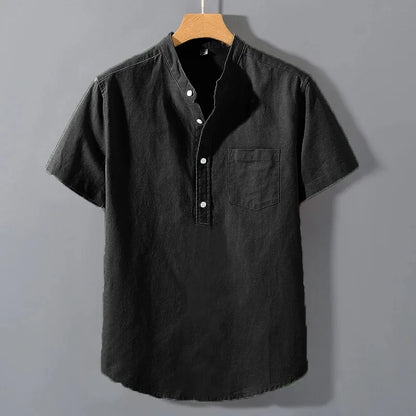 maoxiangshop New Mens Short Sleeve T Shirts Solid Color Stand Up Collar Shirt Summer Trendy Breathable Loose Youth Basic Cotton Pocket Top