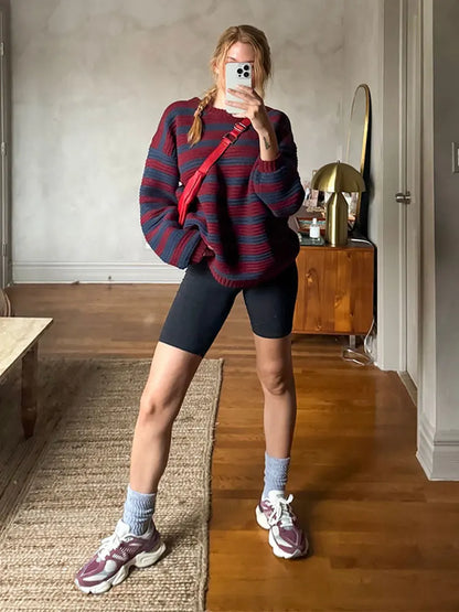 maoxiangshop -  Round Neck Contrasting Striped Sweater Women Loose Long Sleeved Warm Pullover Autumn Fashion Female Casual Jumper