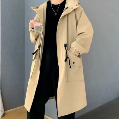 maoxiangshop Spring Autumn Army Green Windbreaker Fashion Men Mid-length Casual Hooded Coat Men Daily High Street Overcoat Male Clothes