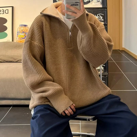 maoxiangshop FALL OUTFITS MEN Autumn Men's Half Zipper Knitted Pullover Sweater Y2K Vintage Casual Knitwear New Stand-up Collar Loose jersey hombre