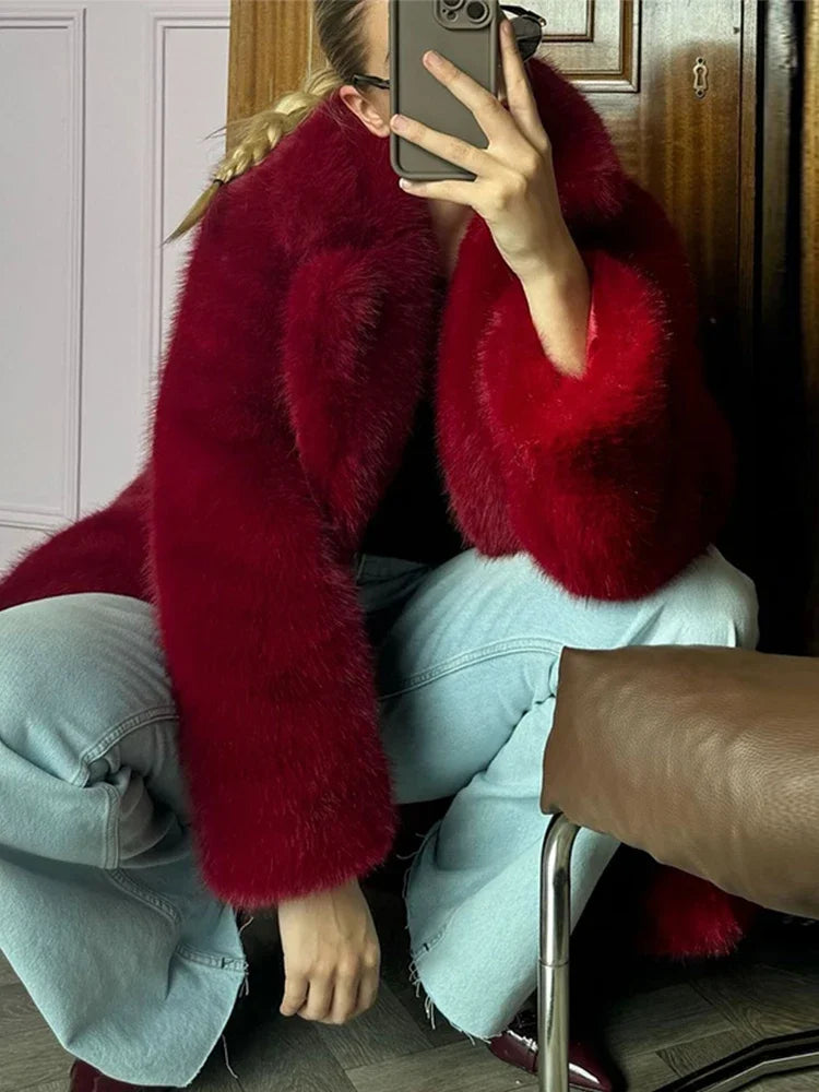 maoxiangshop  -  Red Faux Fur Jacket Women Lapel Full Sleeves Single Breasted Female Jackets 2024 Autumn Winter Fashion Casual Warm Lady Coats