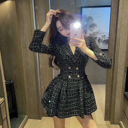 maoxiangshop Autumn Winter Small Fragrance Black Plaid Tweed Dress Women Notched Suit Blazer Pleated Double Breasted Celebrities Mini Dresses