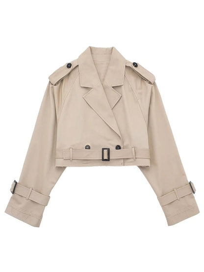 TRAF 2023 Fashion Women Khaki Cropped Coat Vintage Solid Long Sleeve Button Jacket Chic Tops Female Casual Streetwear Coats