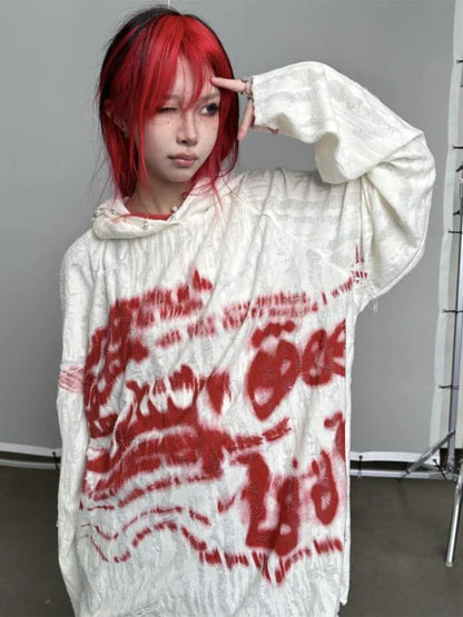 maoxiangshop Deeptown Gothic Punk Graphic Print Hoodies Women Grunge Kpop Oversized Hooded Sweatshirt Harajuku Hollow Out Y2K Tops Streetwear