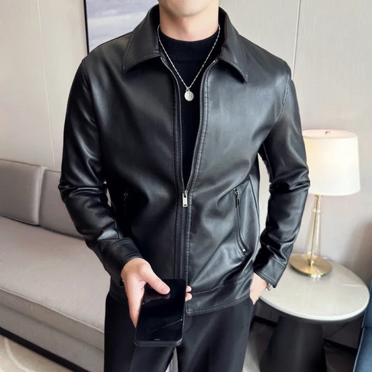 maoxiangshop Men Bomber Leather Jacket New Anti-wind Lapel Solid Casual Slim Fit Jacket Coats Motorcycle PU Leather Jacket Fashion