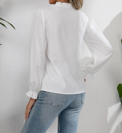 maoxiangshop Cotton V-neck Long Sleeve Shirt White Lace Office Tops And Blouses Women Autumn New Petite XS Size Top Femme Shirts Blouse