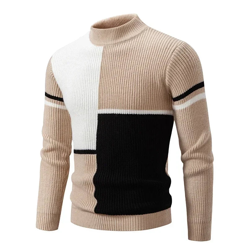 maoxiangshop Men's Autumn Winter New Mock Neck Pullovers Fashion Patchwork Knitted Warm Sweater Man Slim Fit Casual Knitwear Sweaters Tops