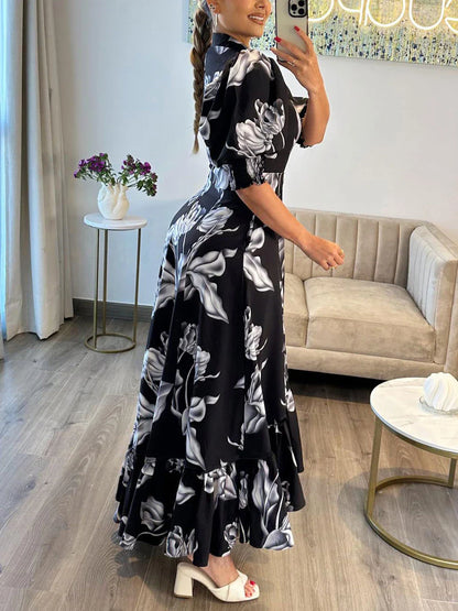 maoxiangshop Women Floral Print Long Dress Summer Casual  Turn-down Collar Half Sleeve Loose Big Swing Dress Female Vintage  Beach Maxi Dress