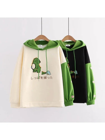 maoxiangshop Harajuku Kawaii Hoodies Cartoon Dinosaur Print Casual Women Winter Warm Fleece Hooded Cotton Sweatshirt Teen Girls Cute Top
