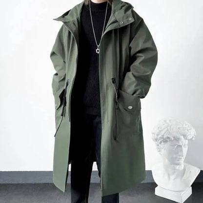 maoxiangshop Spring Autumn Army Green Windbreaker Fashion Men Mid-length Casual Hooded Coat Men Daily High Street Overcoat Male Clothes