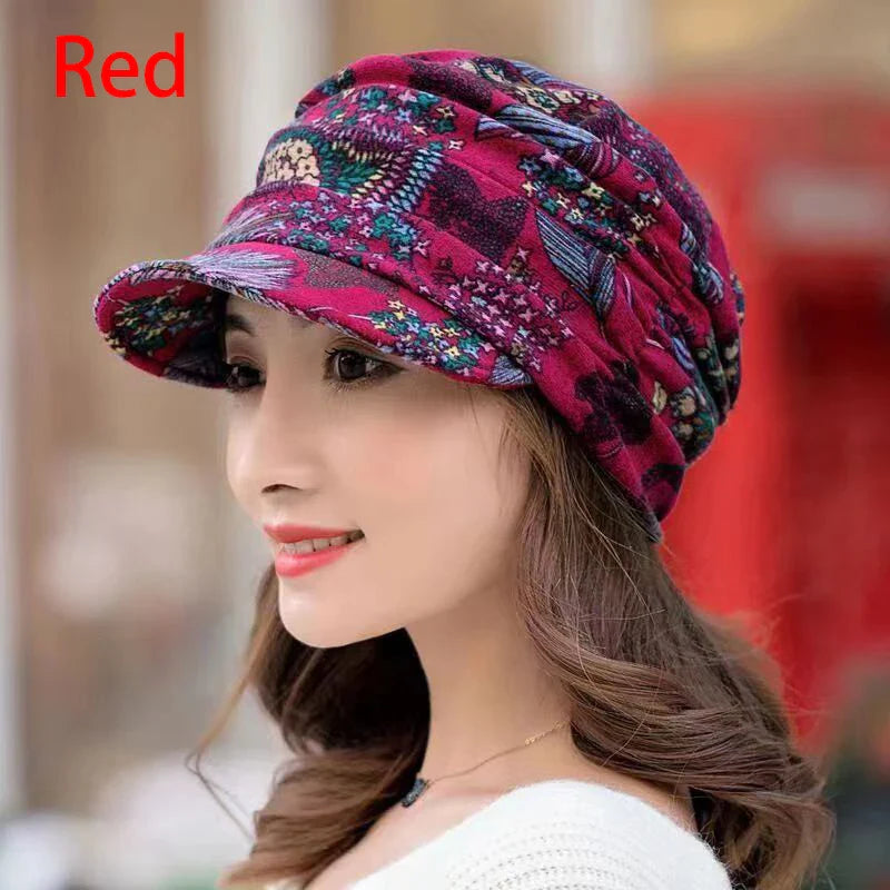 maoxiangshop Women Hat Short Brim Warm Foldable Earflap Women Cap Ethnic Style Floral Print Autumn Winter Hat Daily Clothing Turban Visor