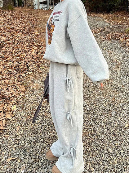 maoxiangshop  -  Casual Thick Trousers Women Loose Lace Up Bow Grey Fashion Elastic Waist Pants Female 2024 Autumn Winter Solid Warm Soft Pant
