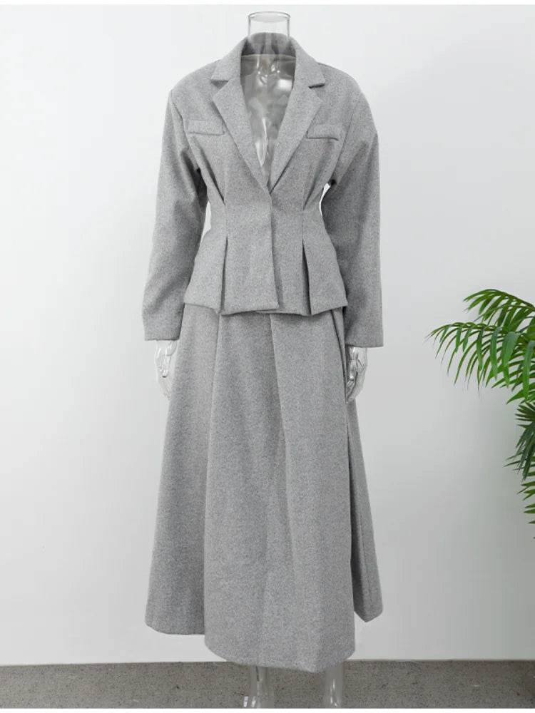 maoxiangshop  -  Women Fashion Solid Woolen Skirt Suits Elegant Stand Collar Full Sleeve Coat Loose Pleated Long Skirts Set Fall Chic Lady Outfit