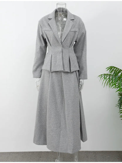 maoxiangshop  -  Women Fashion Solid Woolen Skirt Suits Elegant Stand Collar Full Sleeve Coat Loose Pleated Long Skirts Set Fall Chic Lady Outfit