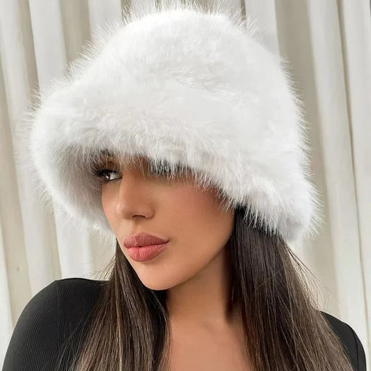 maoxiangshop  -  Fluffy Fur Bucket Hat for Women Imitation Mink Hair Warm Basin Cap Thickened Plush Winter Hats Lady Fashion Panama Fisherman Cap