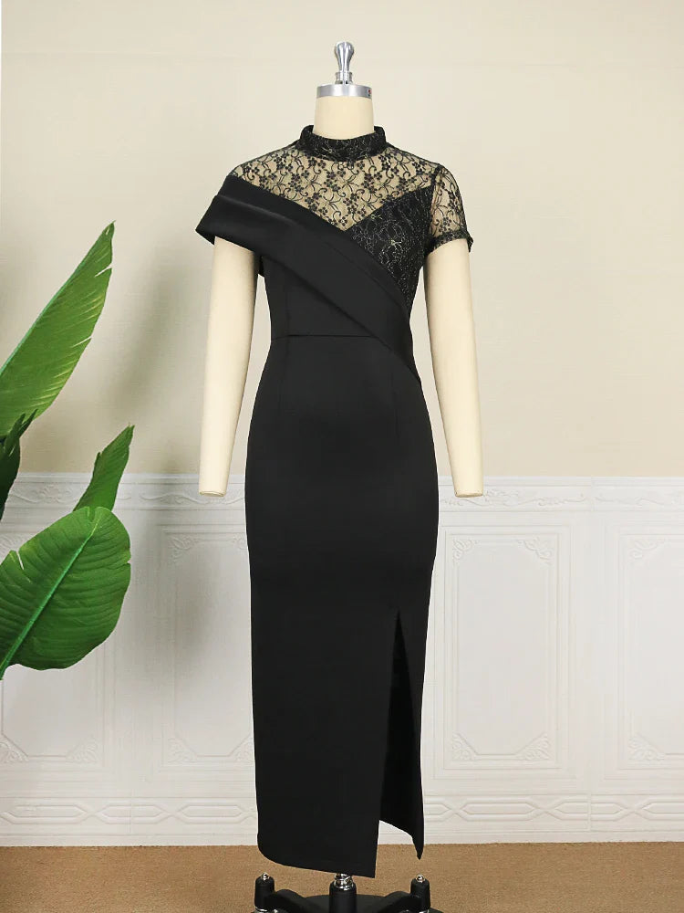 maoxiangshop Black Long Prom Dresses High Neck Lace Patchwork Bodycon Women Evening Cocktail Club Party African Gowns Sexy Slit Outfits