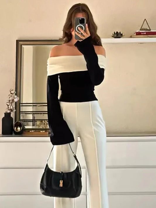 maoxiangshop  -  Autumn Contrast Off-Shoulder T-shirt Top Women's Patchwork Fashion Contrast Cropped Y2k Top Backless Female Skinny Tee New