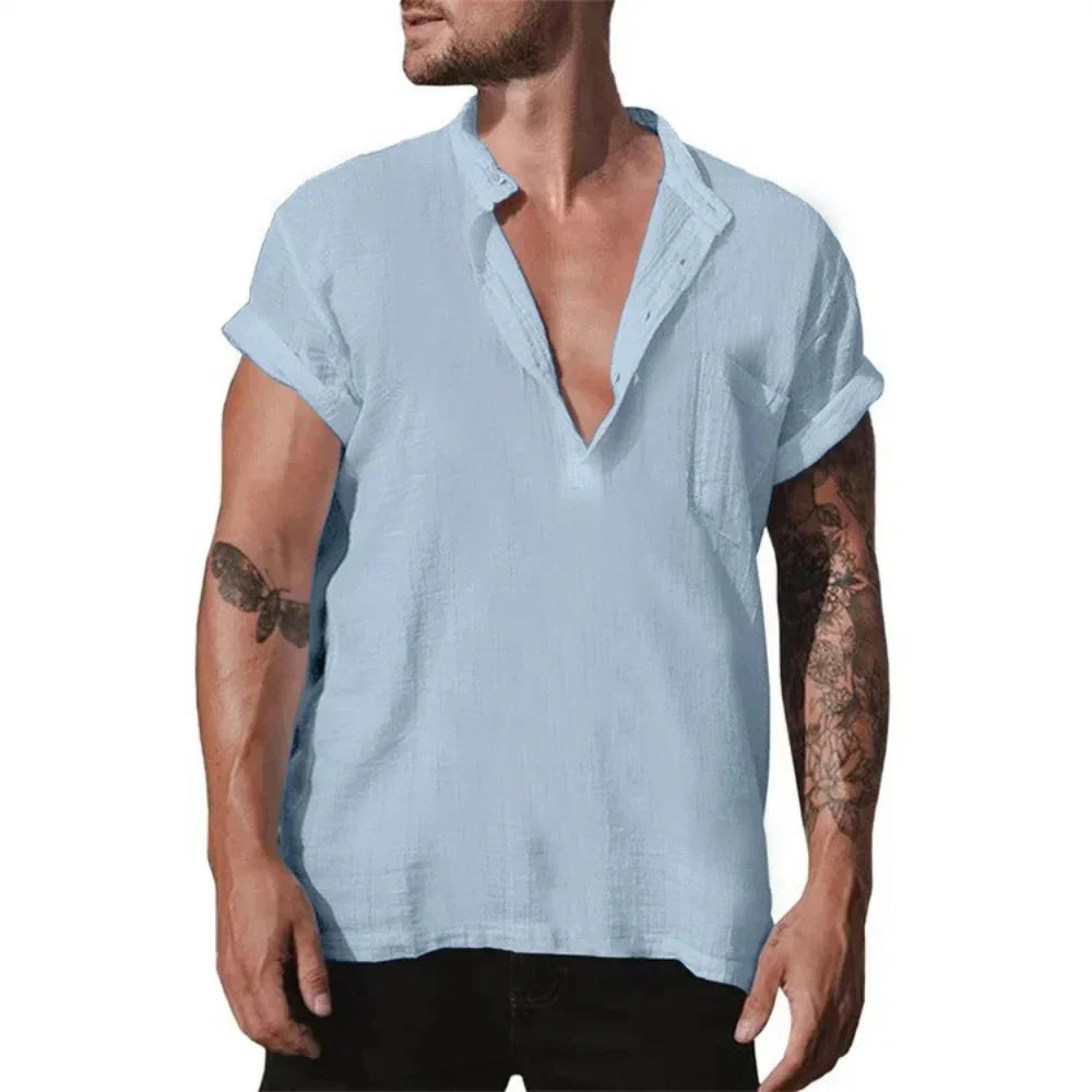 maoxiangshop Summer Cotton Linen Casual Shirt for Men Loose Casual Breathable Men's Lightweight Large Shirt Large Size Oversized T Shirt