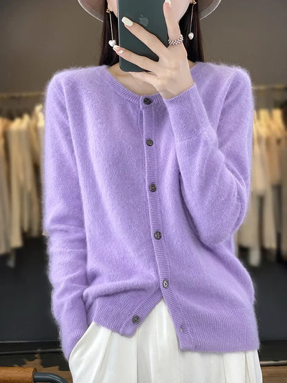 maoxiangshop Aliselect Women Cardigan Super Warm Pure Mink Cashmere Sweaters O-neck Loose Female Clothes Ladies' Solid Color Knitwear Tops