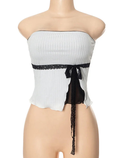 maoxiangshop  -  Splice Mesh Slim Crop Tops For Women Sleeveless Off Shoulder Sexy Backless Cute Top Ladies Bow Bandage Short Tees Femme