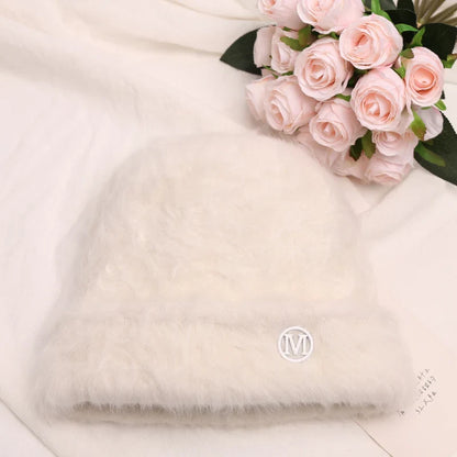 maoxiangshop New Fashion Rabbit Fur Y2k Beanies for Women Soft Warm Fluffy Angola Winter Hat Female Windproof Bonnet Hat Skullies Cap