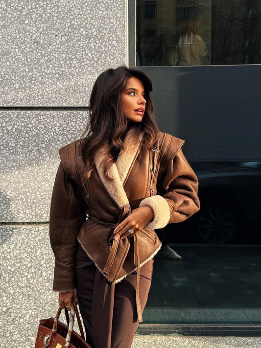 maoxiangshop  -  Fashion Warm Furry Leather Woman Jacket With Belt Chic Lapel Long Sleeve Motorcycle Coat Lady 2024 Winter High Street Outerwear