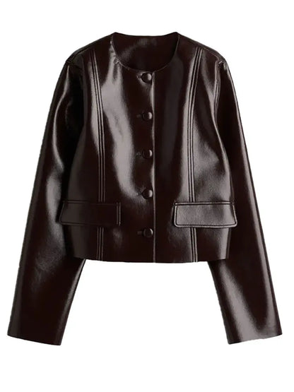 maoxiangshop  -  Fashion Leather Jacket Skirt Suit Women Lapel Button PU Coat Mini Skirts 2 Pieces 2024 Lady Autumn Street New in Matching Sets