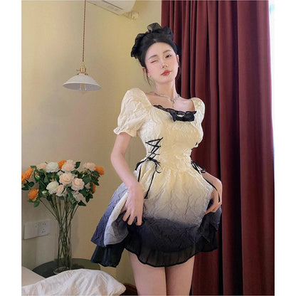 Japanese Harajuku Short Sleeves Doll Teen Party Dress Fairy Vestidos Lolita Dress Women Flouncing Lace Trim Evening Dress Woman