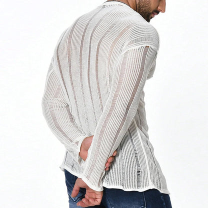 maoxiangshop Sexy See Through Knitted T Shirt Mens Long Sleeve O Neck Slim Stretch Knit Tops For Men Casual Breathable Solid Color Pullovers