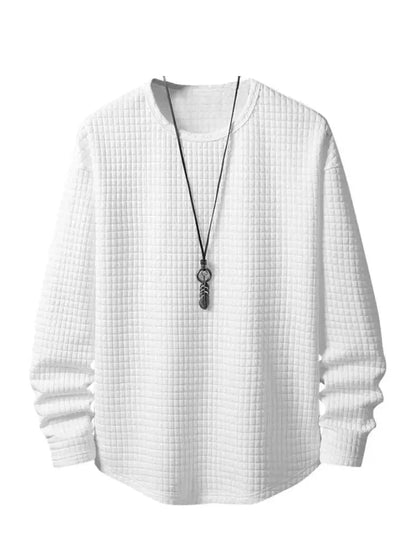 maoxiangshop Men's Long Sleeves T-shirt Minimalist Checkered Jacquard Textured Round Neck Tees Solid Streetwear Loose Tops Z5104682