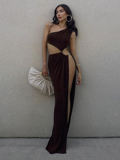 Summer New Fashion Ladies Dress Sexy Slits Slanted Shoulder Long Skirt Female Personality Hollow Party Party Dress