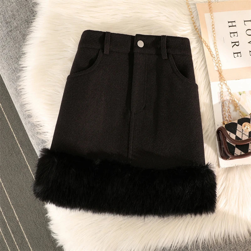 Streetwear Mini Skirt Women Y2K Faux Fur Patchwork A Line Skirts Autumn Winter Vintage Korean High Waist Slim Black Skirt