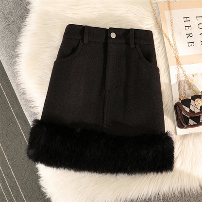 Streetwear Mini Skirt Women Y2K Faux Fur Patchwork A Line Skirts Autumn Winter Vintage Korean High Waist Slim Black Skirt