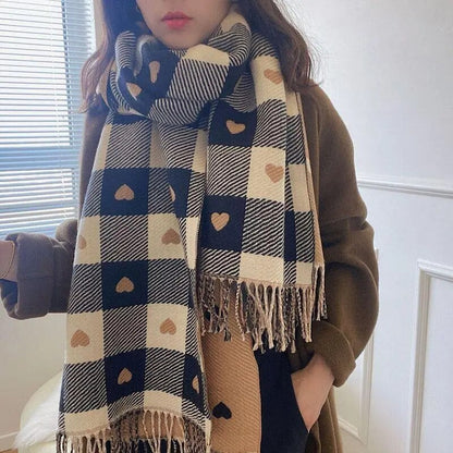 maoxiangshop Luxury Brand Women Knitted Heart-pattern Plaid Scarf Lovey Girl Winter Warm Scarves College Leisure Shawl Wraps