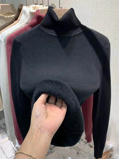 maoxiangshop Turtleneck Winter Sweater Women Elegant Thicken Velvet Lined Warm Sueter Knitted Pullover Slim Tops Jersey Knitwear Jumper New