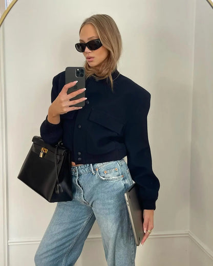 maoxiangshop  -  Fashion Solid Basball Coat Women Elegant O-Neck Oblique Pocket Short Coat Spring Autumn Casual Ladies Restro Jackets Coats