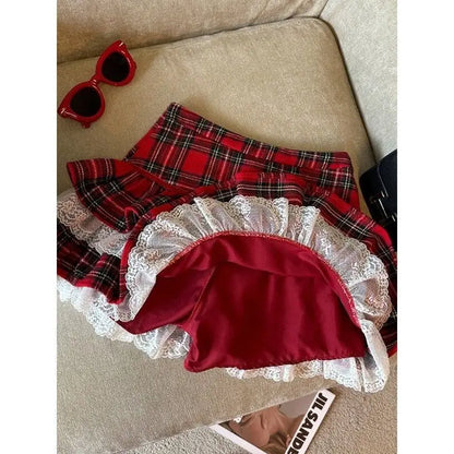 maoxiangshop  -  Kawaii Ruffle Lace Plaid Skirts Women Sweet Elegant Mini Skirt Cutecore Autumn Winter Patchwork A-line Short Skirts