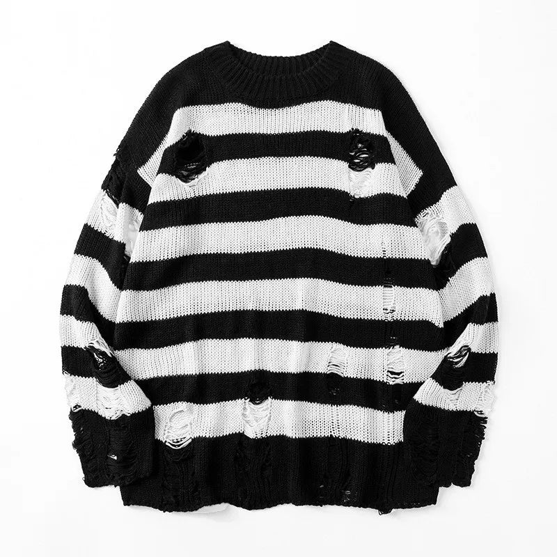 maoxiangshop Black Stripe Sweaters Destroyed Ripped Sweater Men Pullover Hole Knit Jumpers Men Oversized Sweatshirt Harajuku Long Sleeve Tops