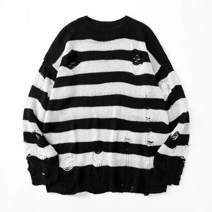 maoxiangshop Black Stripe Sweaters Destroyed Ripped Sweater Men Pullover Hole Knit Jumpers Men Oversized Sweatshirt Harajuku Long Sleeve Tops