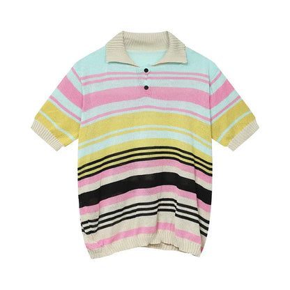 maoxiangshop Vintage Y2K Striped Polo Shirt Mens Knitwear Summer Short Sleeve Buttoned Lapel Knit Tops For Men Casual Loose Breathable Polos