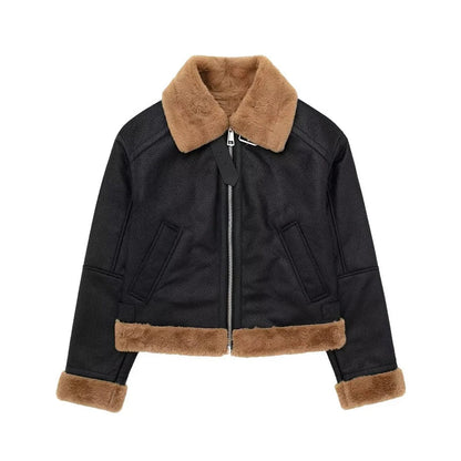 maoxiangshop  -  Loose Moto Biker Winter Shearling Sheepskin Leather Jackets Streetwear Thicken Parka Faux Leather Lamb Fur Outwear