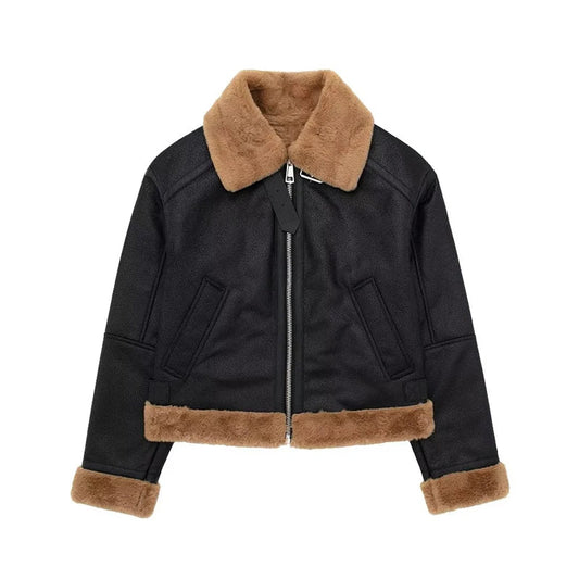 maoxiangshop  -  Loose Moto Biker Winter Shearling Sheepskin Leather Jackets Streetwear Thicken Parka Faux Leather Lamb Fur Outwear