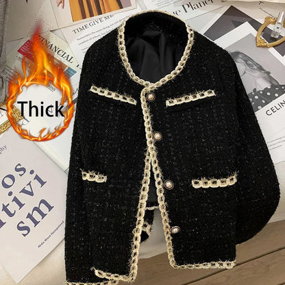 Vintage Black Tweed Jacket Women Elegant Cropped Quilted Coat Korean Commute Blazer Winter Ladies Thicken Short Outerwear