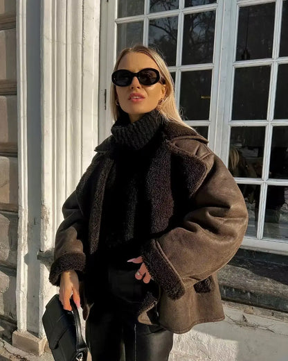 maoxiangshop -  Winter Faux Fur Thick Lapel Coat For Women Long Sleeve Jacket Female Warm PU Overcoat Ladies With Pockets Streetwear