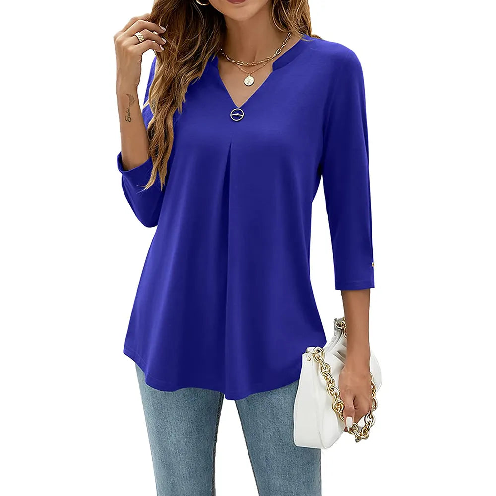 maoxiangshop Womens Autumn V Neck 3/4 Sleeve Shirts Business Casual Tops Loose Work Tunic Blouse