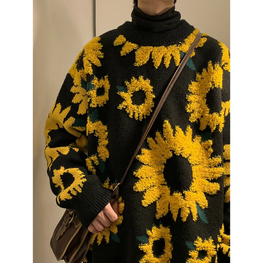 maoxiangshop Winter Sunflower Warm Sweaters Male O-Neck Pullovers Sweater for Men Loose Casual Sweater Oversize Thick Knitted Couple Unisex